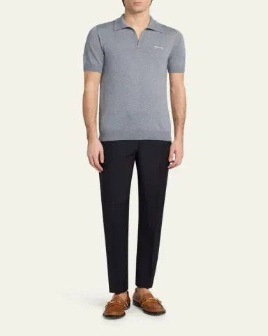 Alexander McQueen Men's Wool Knit Johnny Collar Short-Sleeve Polo Sweater | Thumbnail 2