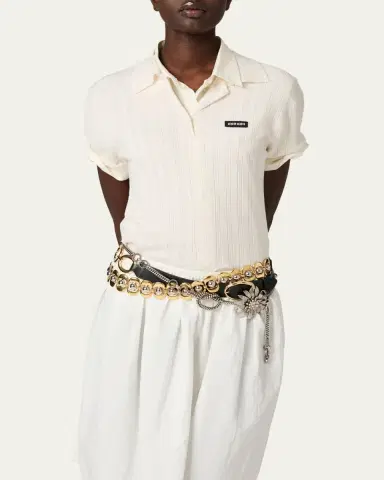 Miu Miu Cashmere-Silk Pointelle Knit Short-Sleeve Polo Top | Thumbnail 4