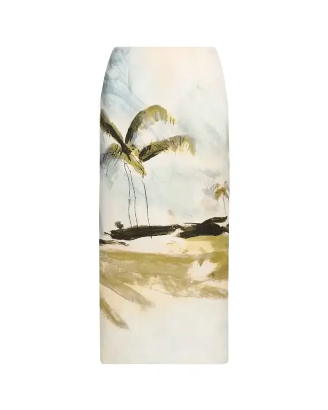 Oscar de la Renta Palm Tree Satin Midi Pencil Skirt