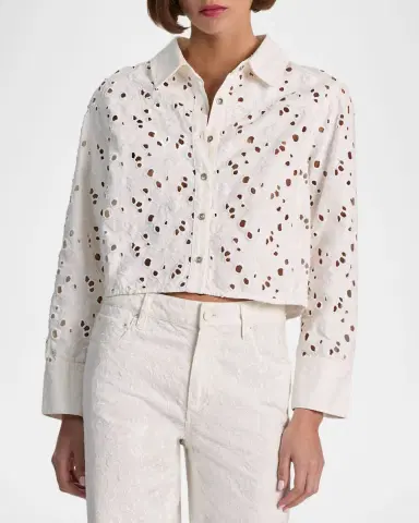 Alice + Olivia Finely Laser-Cut Denim Cropped Shirt | Thumbnail 3 Alice + Olivia Finely Laser-Cut Denim Cropped Shirt | Thumbnail 3