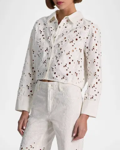 Alice + Olivia Finely Laser-Cut Denim Cropped Shirt | Thumbnail 5 Alice + Olivia Finely Laser-Cut Denim Cropped Shirt | Thumbnail 5