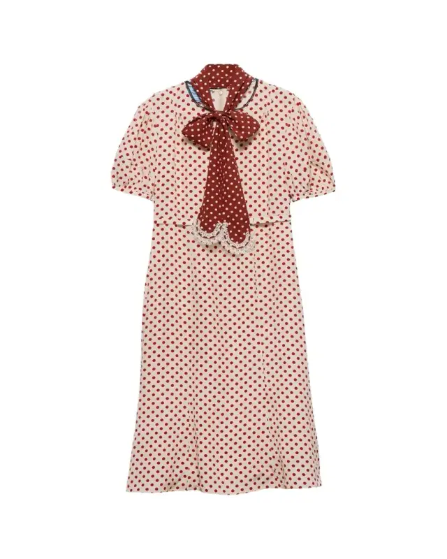 Prada Polka-Dot Silk Puff-Sleeve Midi Dress