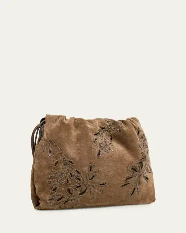Brunello Cucinelli Mini Floral-Embroidered Suede Pouch Bag | Thumbnail 3 Brunello Cucinelli Mini Floral-Embroidered Suede Pouch Bag | Thumbnail 3