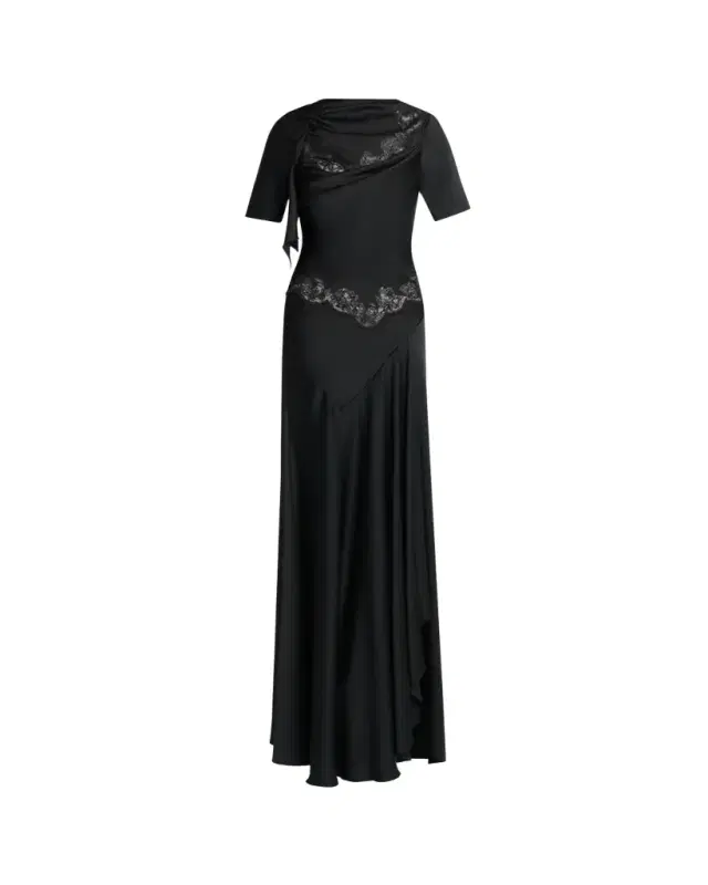 Lace-Inset Draped Satin Evening Dress