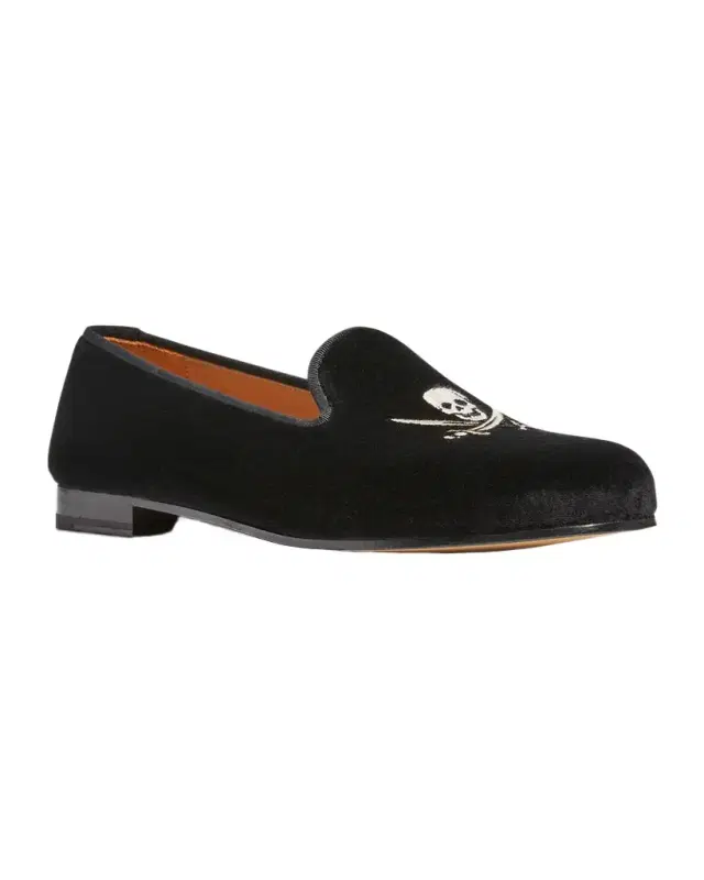 Stubbs and Wootton Men's Jolly Roger Skull Embroidered Velvet Smoking Slippers