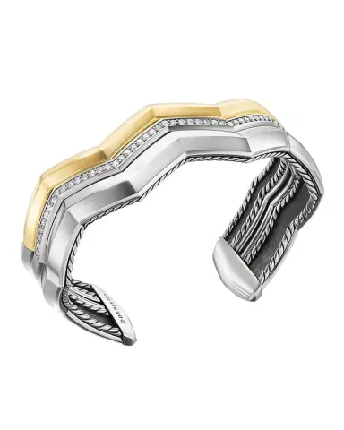 David Yurman Zig Zag Stax Three Row Cuff Bracelet with Diamonds in 18K Gold and Silver, 17mm | Thumbnail 1 David Yurman Zig Zag Stax Three Row Cuff Bracelet with Diamonds in 18K Gold and Silver, 17mm | Thumbnail 1