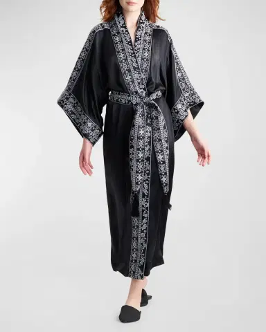 Josie Natori Ysobel Floral-Embroidered Silk Robe | Thumbnail 2