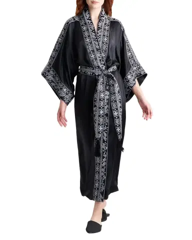 Josie Natori Ysobel Floral-Embroidered Silk Robe | Thumbnail 3