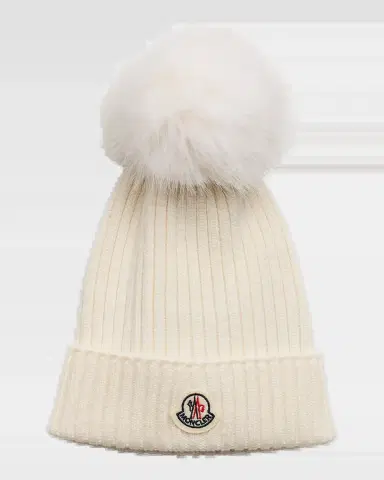 Moncler Kid's Ribbed Wool Beanie with Faux Fur Pom | Thumbnail 2