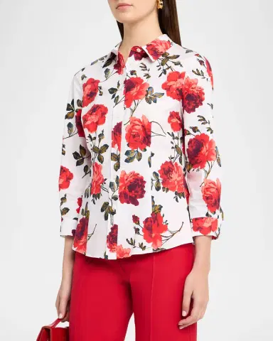 Carolina Herrera Ana Floral Cotton 3/4-Sleeve Button-Down Shirt | Thumbnail 3 Carolina Herrera Ana Floral Cotton 3/4-Sleeve Button-Down Shirt | Thumbnail 3