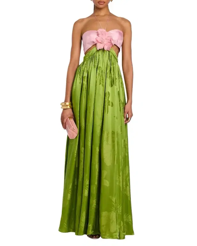 Retrofete Prudy Floral Cut-Out Satin Halter Dress
