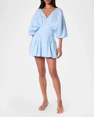 NICHOLAS Pleated Blouson-Sleeve Linen Mini Dress | Thumbnail 3 NICHOLAS Pleated Blouson-Sleeve Linen Mini Dress | Thumbnail 3