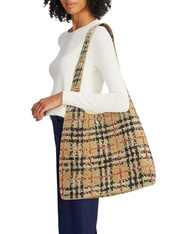 Burberry Margate Crochet Check Raffia Shoulder Bag