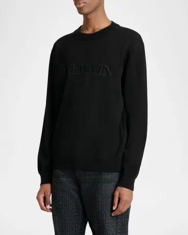 Balmain Men's Vintage Embroidered Cotton Crewneck Sweater | Thumbnail 3 Balmain Men's Vintage Embroidered Cotton Crewneck Sweater | Thumbnail 3