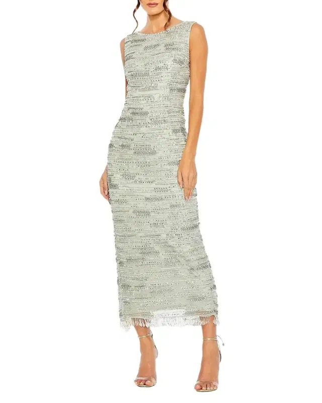Mac Duggal Beaded Fringe-Trim Mesh Midi Dress