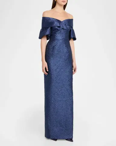 Rickie Freeman for Teri Jon Off-Shoulder Jacquard Column Gown | Thumbnail 3