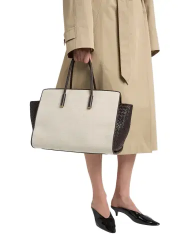 Bottega Veneta Barbara Medium Canvas and Leather Tote Bag | Thumbnail 1 Bottega Veneta Barbara Medium Canvas and Leather Tote Bag | Thumbnail 1