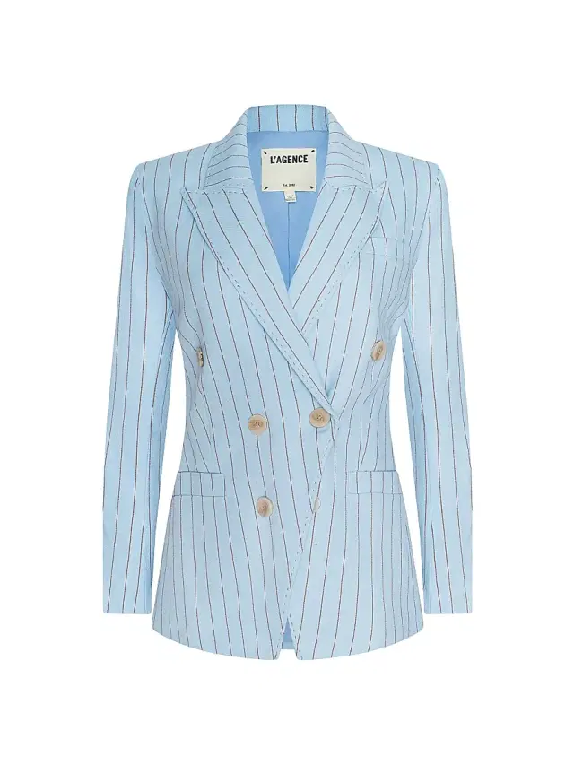 L'AGENCE Women's Kyomi Pinstriped Double-Breasted Blazer - Light Blue Sienna Pinstripe
