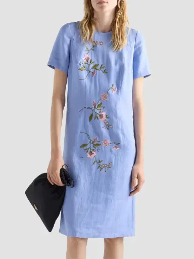 Prada Women's Embroidered Linen Dress - Blue - Size 8 | Thumbnail 2