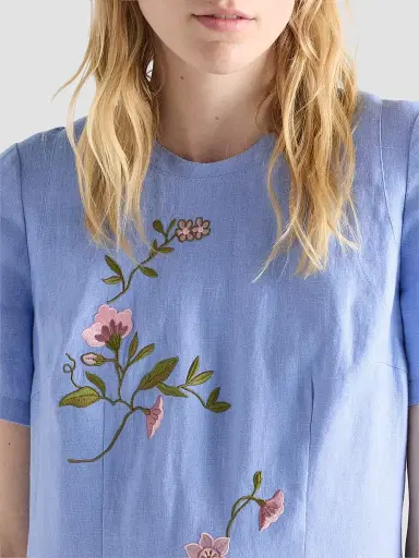 Prada Women's Embroidered Linen Dress - Blue - Size 8 | Thumbnail 6