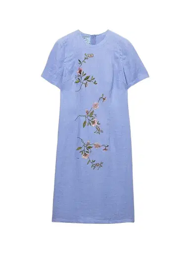 Prada Women's Embroidered Linen Dress - Blue - Size 8 | Thumbnail 1