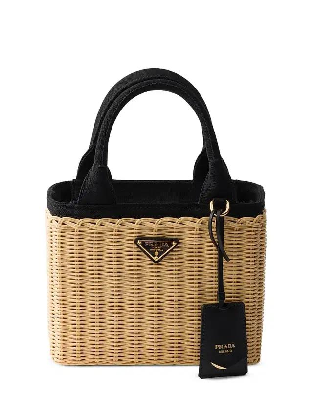 Women's  Wicker and Canvas Top Handle Bag - Black