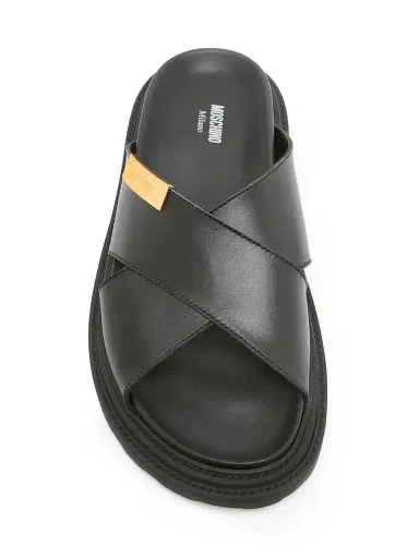 MOSCHINO Men's Leather Crisscross Sandals - Black - Size 7 | Thumbnail 4