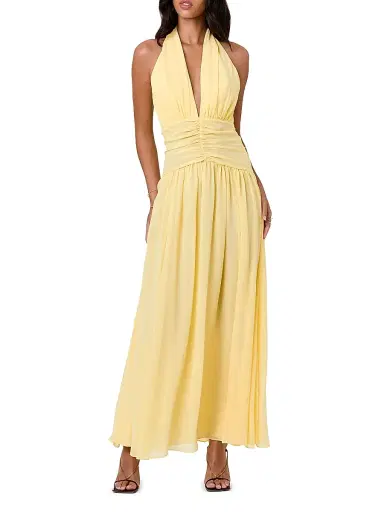 NICHOLAS Women's Arella Pleated Scarf-Detail Georgette Maxi Dress - Lemon | Thumbnail 2 NICHOLAS Women's Arella Pleated Scarf-Detail Georgette Maxi Dress - Lemon | Thumbnail 2