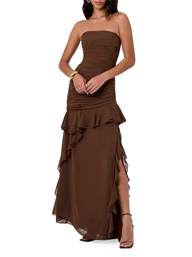 NICHOLAS Women's Viola Ruched Ruffle Strapless Maxi Dress - Mocha | Thumbnail 2 NICHOLAS Women's Viola Ruched Ruffle Strapless Maxi Dress - Mocha | Thumbnail 2