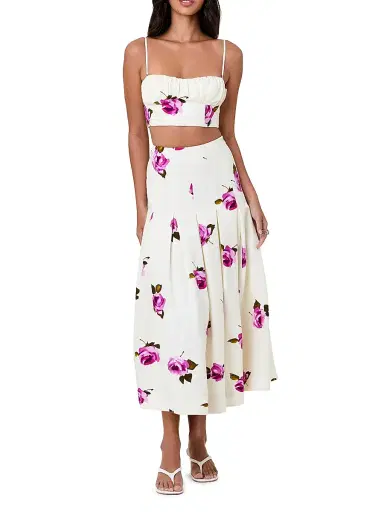 NICHOLAS Women's Jordana Pleated Floral Linen-Blend Midi-Skirt - Floating Rosebuds | Thumbnail 2