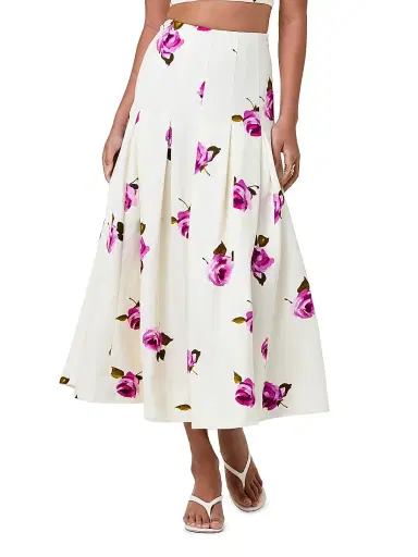 NICHOLAS Women's Jordana Pleated Floral Linen-Blend Midi-Skirt - Floating Rosebuds | Thumbnail 3