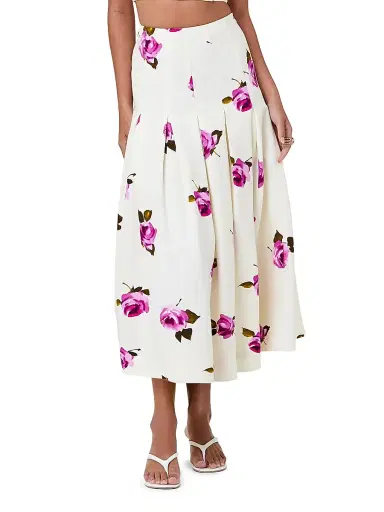 NICHOLAS Women's Jordana Pleated Floral Linen-Blend Midi-Skirt - Floating Rosebuds | Thumbnail 4