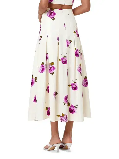 NICHOLAS Women's Jordana Pleated Floral Linen-Blend Midi-Skirt - Floating Rosebuds | Thumbnail 5