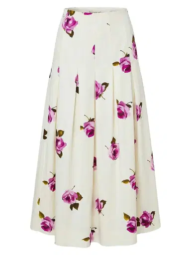 NICHOLAS Women's Jordana Pleated Floral Linen-Blend Midi-Skirt - Floating Rosebuds | Thumbnail 1
