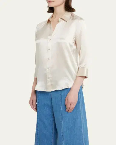 L'AGENCE Dani Silk Satin 3/4-Sleeve Button-Down Blouse | Thumbnail 4