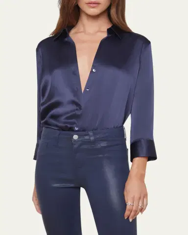 L'AGENCE Dani Silk Satin 3/4-Sleeve Button-Down Blouse | Thumbnail 9