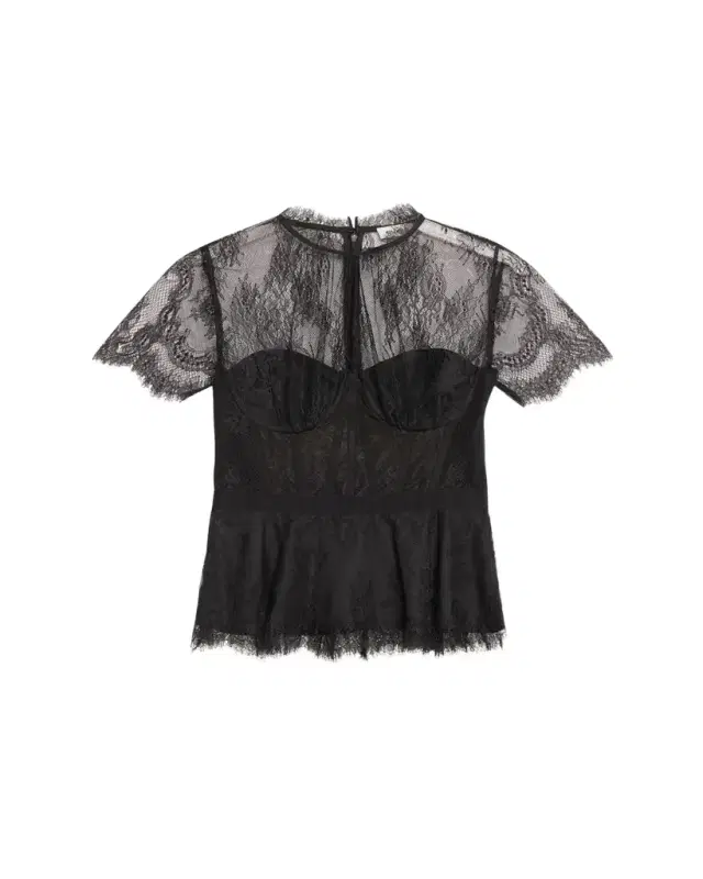 SIMKHAI Kehlani Sheer Lace Short-Sleeve Peplum Bustier Top
