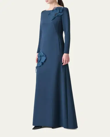 Akris Organza Anemone Corsage Long-Sleeve Crepe Gown | Thumbnail 4 Akris Organza Anemone Corsage Long-Sleeve Crepe Gown | Thumbnail 4