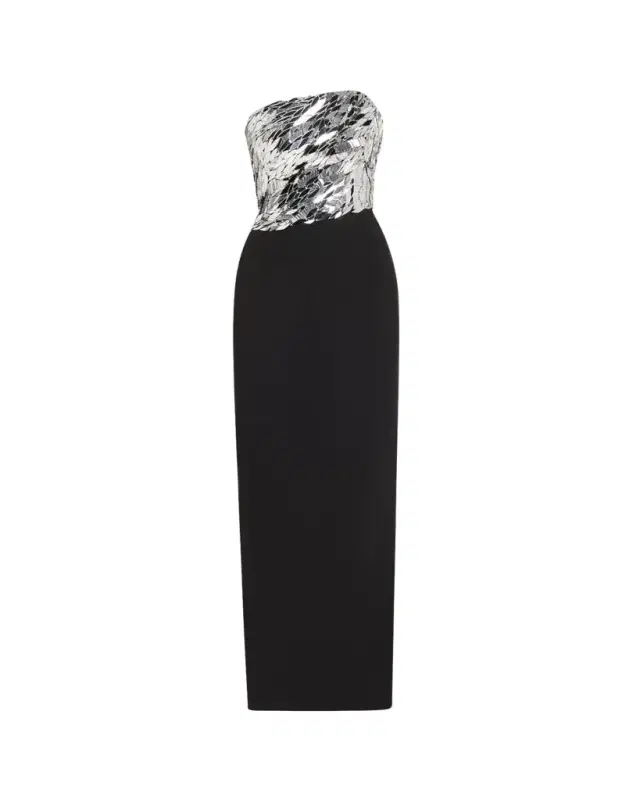 Asymmetric Strapless Mirrored Crepe Column Gown