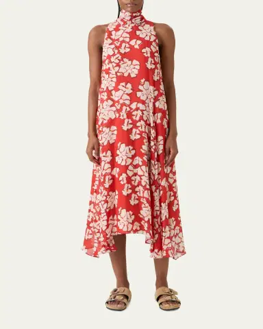 Akris punto Mock-Neck Papercut Floral Print Viscose Georgette Midi Dress | Thumbnail 2