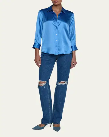 L'Agence Dani Silk Satin 3/4-Sleeve Button-Down Blouse | Thumbnail 6
