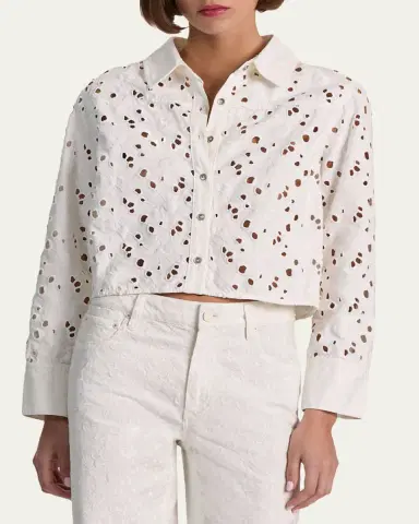 Alice + Olivia Finely Laser-Cut Denim Cropped Shirt | Thumbnail 4 Alice + Olivia Finely Laser-Cut Denim Cropped Shirt | Thumbnail 4