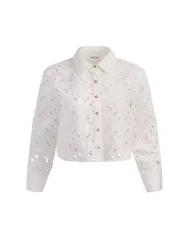Alice + Olivia Finely Laser-Cut Denim Cropped Shirt | Thumbnail 1 Alice + Olivia Finely Laser-Cut Denim Cropped Shirt | Thumbnail 1