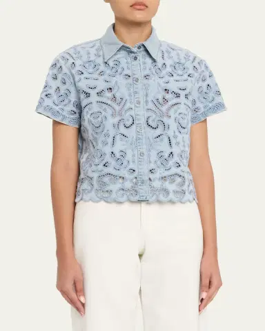 ALICE + OLIVIA Lane Embroidered Denim Button-Front Shirt | Thumbnail 4