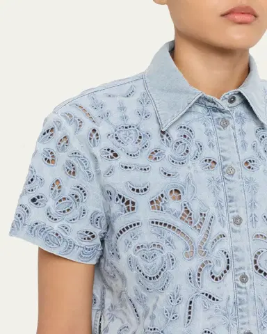 ALICE + OLIVIA Lane Embroidered Denim Button-Front Shirt | Thumbnail 5