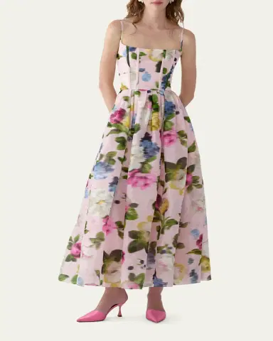 Carolina Herrera Floral Silk Faille Sleeveless Corset Midi Dress | Thumbnail 2