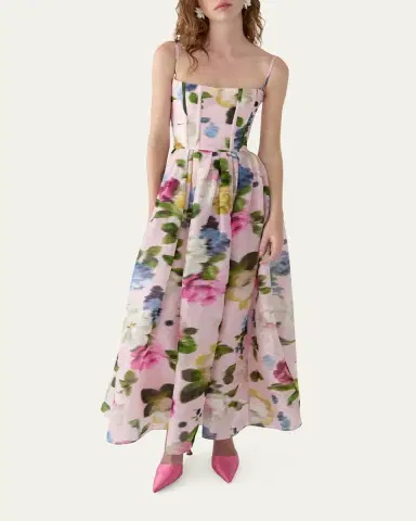 Carolina Herrera Floral Silk Faille Sleeveless Corset Midi Dress | Thumbnail 4