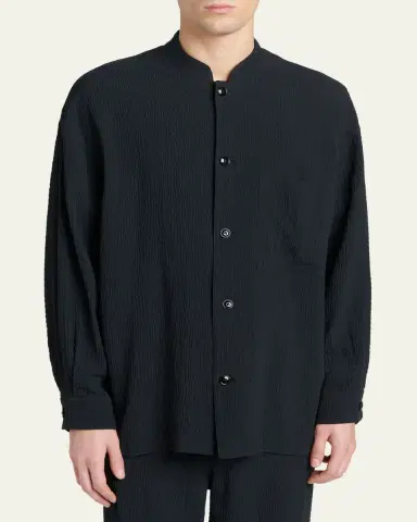 Giorgio Armani Men's Seersucker Band-Collar Guru Shirt | Thumbnail 4 Giorgio Armani Men's Seersucker Band-Collar Guru Shirt | Thumbnail 4