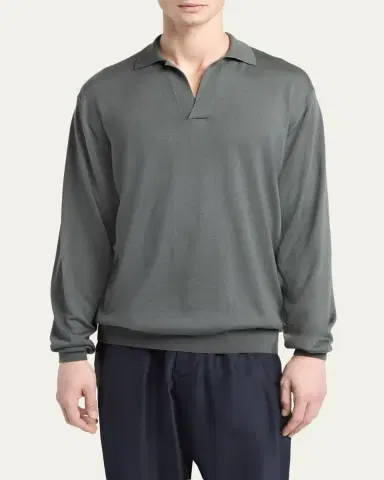 Giorgio Armani Men's Silk and Cotton Johnny Collar Polo Sweater | Thumbnail 4 Giorgio Armani Men's Silk and Cotton Johnny Collar Polo Sweater | Thumbnail 4