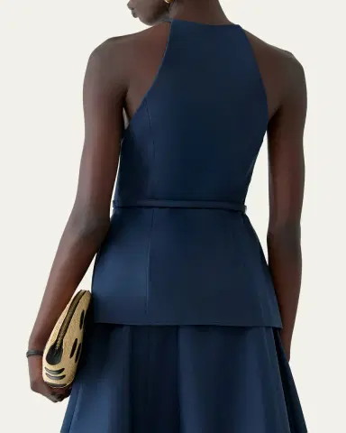 Carolina Herrera Button-Front Belted Halter Peplum Top | Thumbnail 3